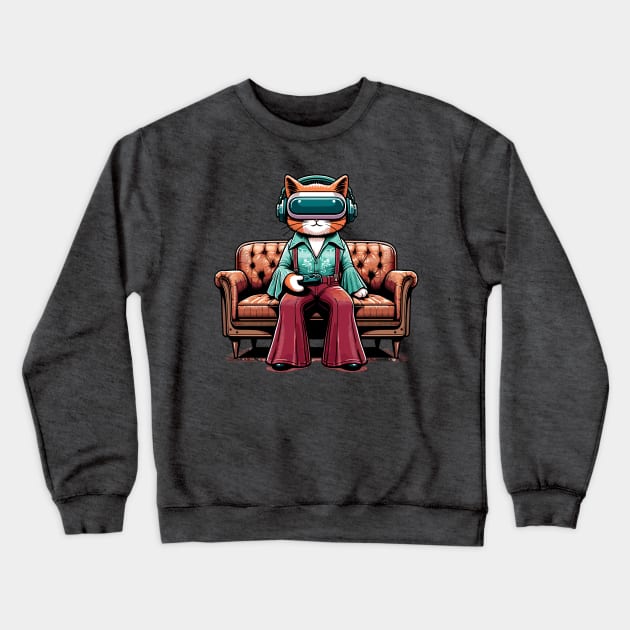 Vintage cat gamer - Nostalgic Geek Chic Apparel Crewneck Sweatshirt by TimeWarpWildlife